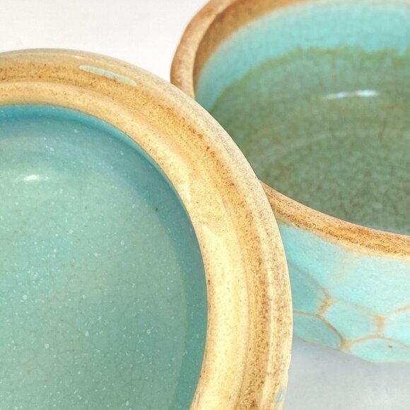 Vintage Celadon Blue Green Honeycomb Glazed Covered Bowl Lid Trinket Box 3.2" - Picture 6 of 11